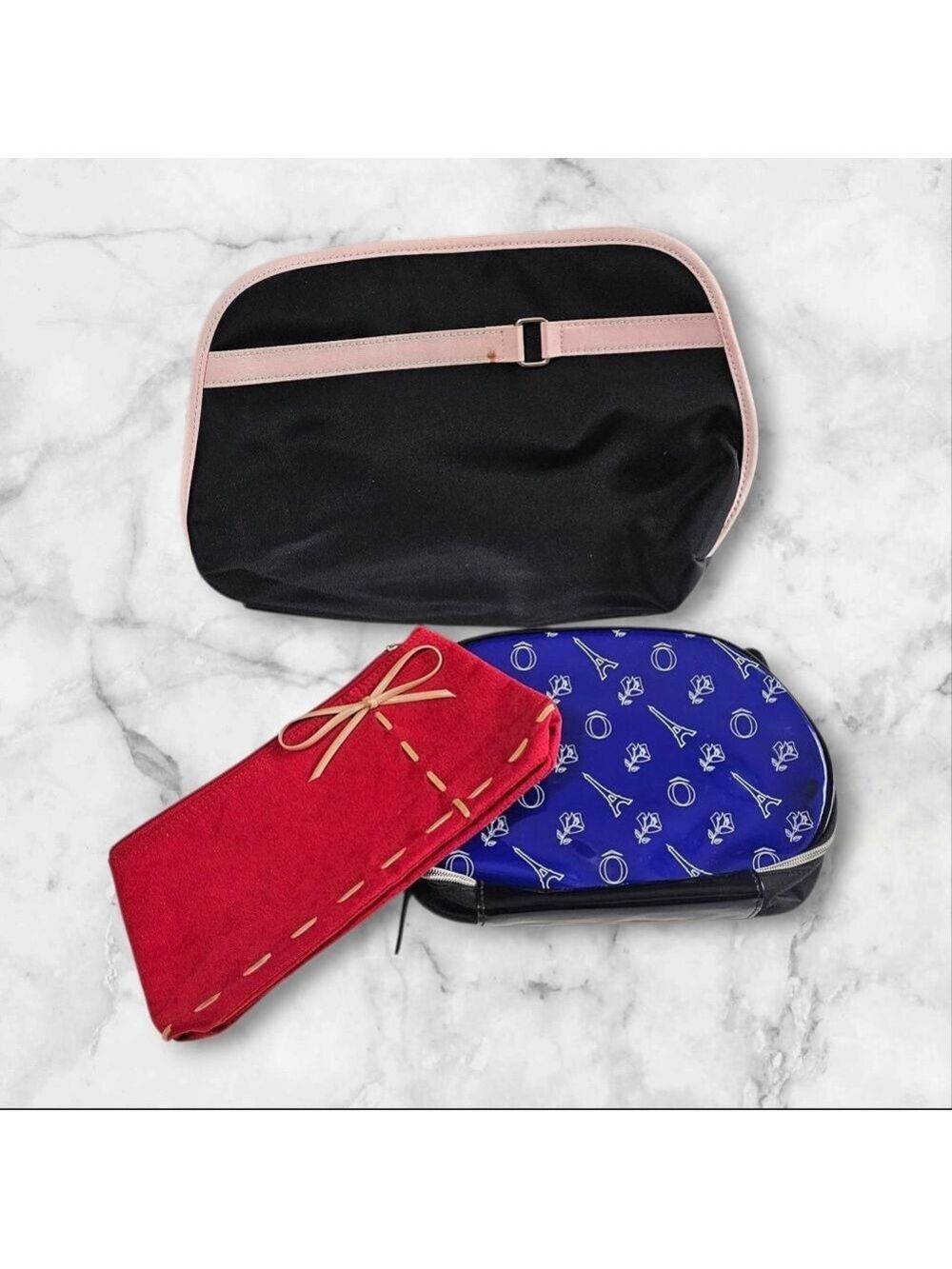 Lancome Cosmetic Bag BUNDLE Black Red Blue Eiffel Tower Travel Makeup Case
